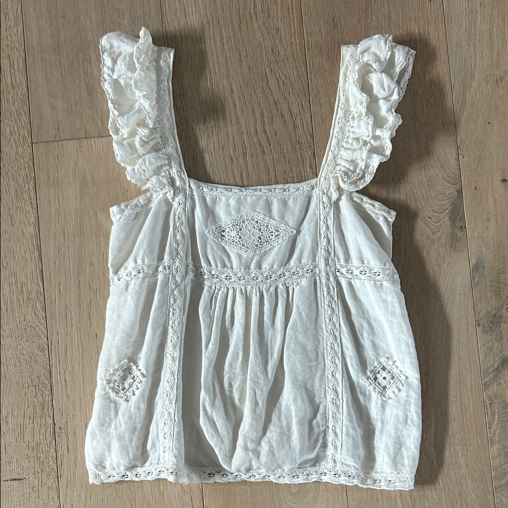 Sezane Cream Eyelet Square-Neck Ruffle Sleeve Top - Picture 3 of 7